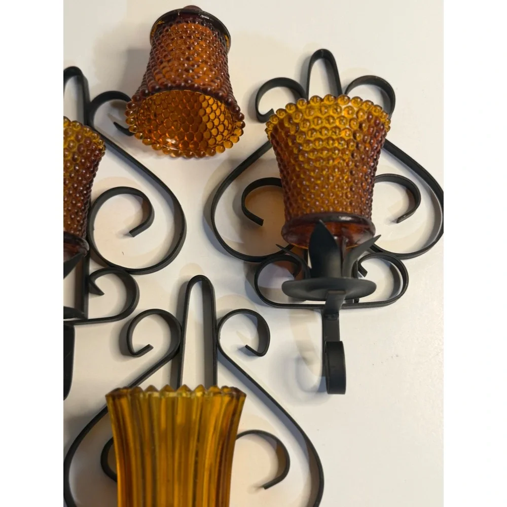 VTG Homco Wall Sconce Candle Holders Amber Hobnail Ribbed Glass‎ Black Metal X 3